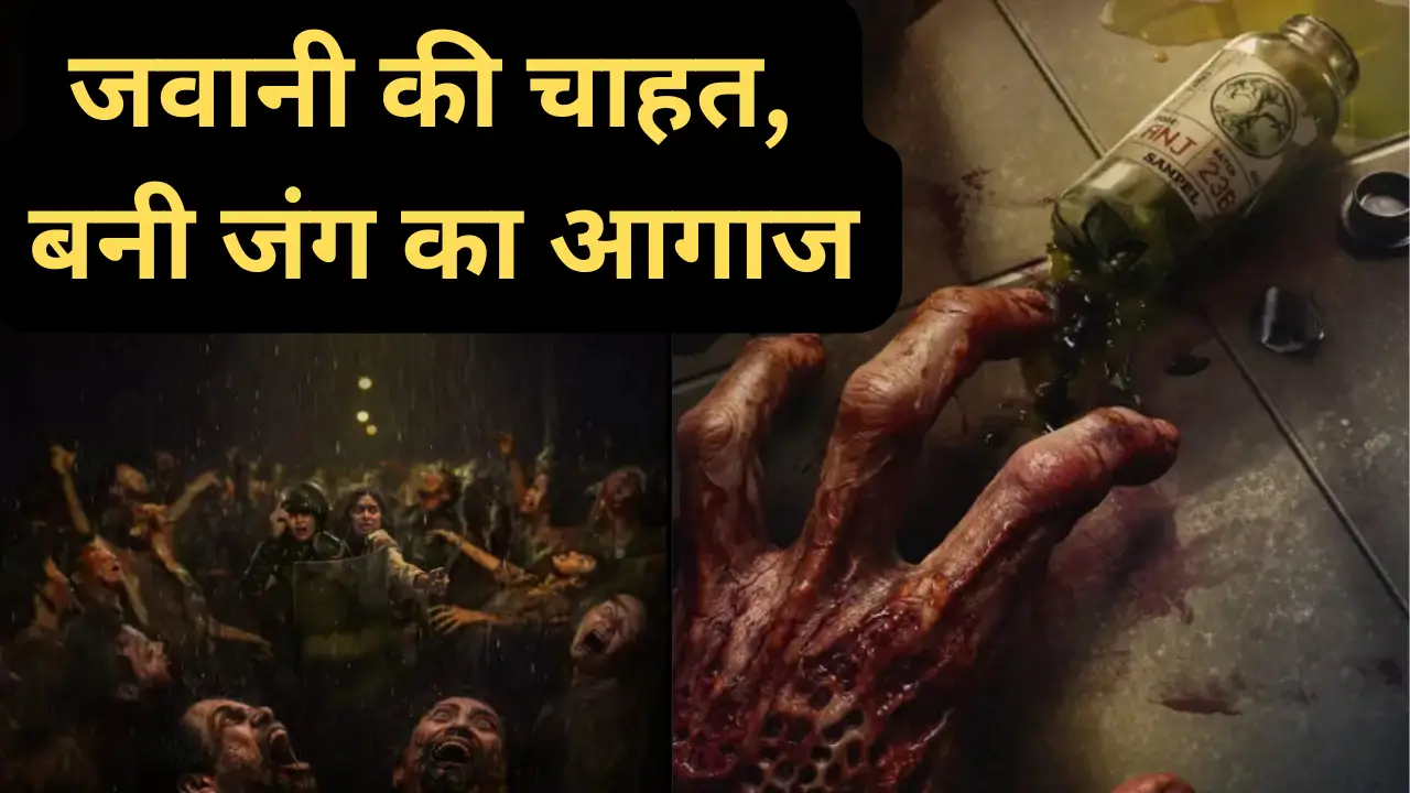 Horror movie poster for "Abadadi Nan Jayaya" featuring a chaotic crowd of zombie-like figures in the rain on the left, and a decayed hand spilling green liquid from a broken bottle on the right, with dramatic red and black title text.